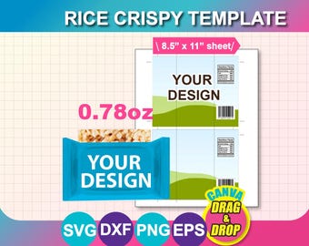 0.78oz Rice Crispy Template, Rice Crispy Wrapper template, SVG, DXF, Canva, Ms Word Docx, Png, Psd, 8.5"x11" sheet, Printable