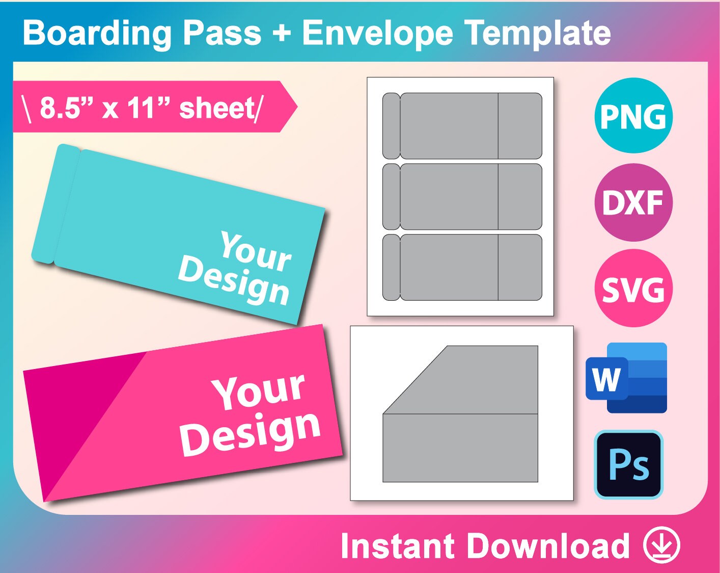 boarding pass with envelope template canva ms word psd etsy