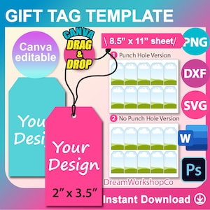 Gift Tag Template SVG, Hang Tag Template SVG, DXF, Ms Word Docx, Png, Psd, Thank you Tag template, 8.5&quot;x11&quot; sheet, Printable