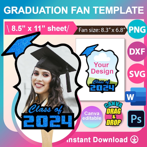 Graduation Fan Template,  PSD, SVG, DXF, Ms Word Docx, Canva, Png, 8.5"x11" sheet, Printable, Instant Download