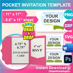 Pocketfold Vorlage, 5 "x 7" Pocket Hochzeitseinladung Vorlage, Hochzeitseinladung mit Umschlag Vorlage, Canva, PSD, PNG, SVG, Dxf