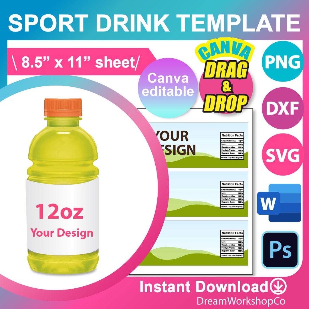 Sport Drink Bottle Label Template, Canva, SVG, DXF, Psd, Png, 8.5x11