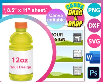 12oz Sport Drink bottle Labels template, Sport Drink template SVG, DXF, Canva, Ms Word Docx, Png, PSD, 8.5"x11" sheet, Printable