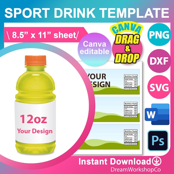 12oz Sport Drink bottle Labels template, Sport Drink template SVG, DXF, Canva, Ms Word Docx, Png, PSD, 8.5"x11" sheet, Printable