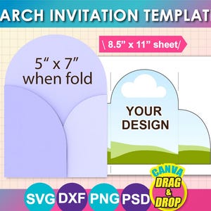 アーチ折り結婚式招待状テンプレート：5インチ×7インチ Canva、PSD、SVG、DXF（デジタルダウンロード）