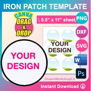 Hat Patch, Round Iron Patch Template, Iron on Patch, Sublimation template SVG, DXF, Canva, Ms Word Docx, Png, Psd