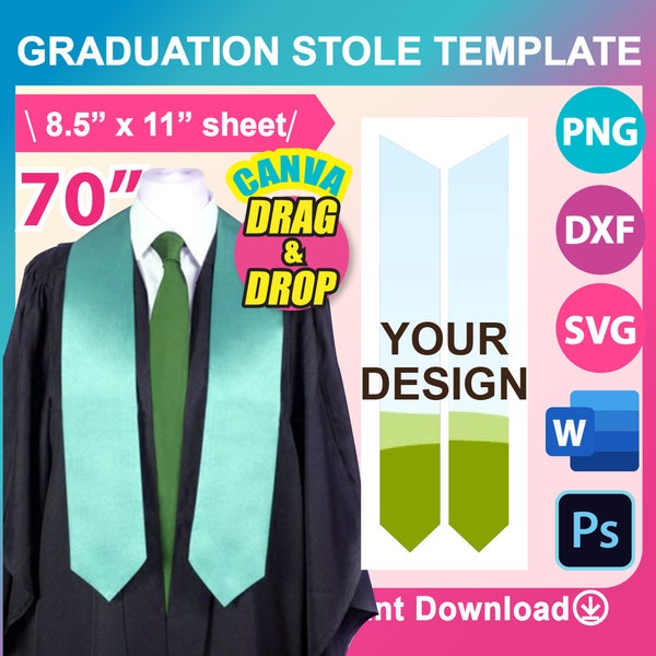 70" Stole Template, Graduation Stole Template, Stole Template SVG PSD, Canva, DXF, Publisher Png, Printable