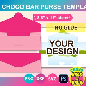 Pode incluir: Um modelo imprimível para uma bolsa de barra de chocolate. O modelo é projetado para ser impresso em uma folha de papel de 21,6 x 27,9 cm. O modelo inclui uma área de design para adicionar seu próprio design personalizado. O texto "NO GLUE" está incluído no modelo. O modelo é projetado para ser usado com a função de arrastar e soltar do Canva.