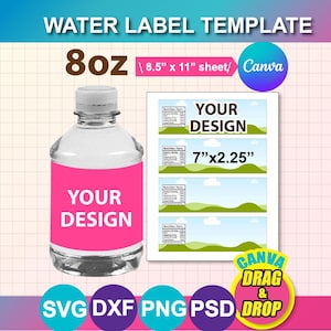 Può includere: Un modello digitale di etichetta per acqua per bottiglie da 237ml con una bottiglia di plastica trasparente con un'etichetta rosa che riporta YOUR DESIGN, e un foglio che mostra etichette da 17,8cm per 5,7cm con grafica paesaggistica.