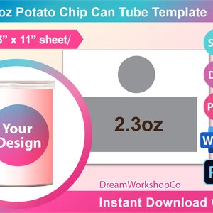 2.3oz Chip Can Template, Chip  Can Label template, SVG, DXF, Ms Word Docx, Png, Psd, 8.5&quot;x11&quot; sheet, Printable