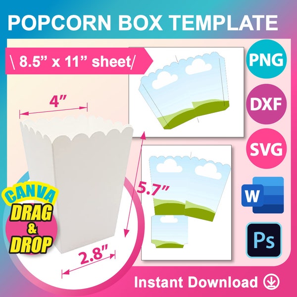 Modèle de boîte de pop corn, modèle de boîte de collation, SVG, DXF, MS Word Docx, Png, Psd, feuille 8,5 x 11 po, imprimable