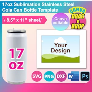 Puede incluir: Una plantilla de botella de cola de acero inoxidable blanca de 17 oz con tapa plateada. La imagen incluye el texto "17 OZ" en rosa y un área de diseño con las palabras "Your Design". La plantilla es para una hoja de 21,59 cm x 27,94 cm.