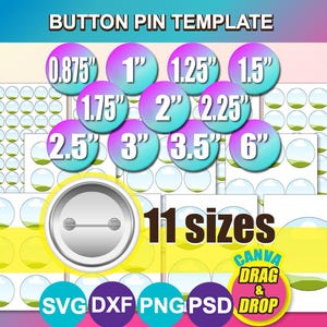 Könnte beinhalten: Button Pin Vorlage mit 11 Größen, von 2,2 cm bis 15,2 cm. Das Design umfasst verschiedene Knopfgrößen in einem Farbverlauf von Lila und Türkis. Die Vorlage bietet auch SVG-, DXF-, PNG- und PSD-Dateiformate.