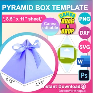 Modèle de boîte cadeau pyramide, modèle de boîte de faveur de mariage, modèle de boîte de bonbons, toile SVG, DXF, Mme Word Docx, Png, PSD, feuille 12 x 12, imprimable