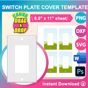 Puede incluir: Una plantilla digital para una cubierta de placa de interruptor. La plantilla presenta un diseño de degradado azul claro y verde con un rectángulo blanco en el centro. La plantilla está disponible en los formatos PNG, DXF, SVG y PSD. El texto "8.5" x 11" sheet" es visible en la imagen.