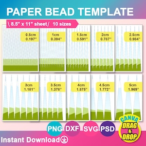 May include: A printable paper bead template with 10 different sizes ranging from 1.3 cm to 12.7 cm. The template is designed for use with Canva's drag and drop feature.
