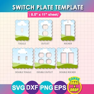 May include: A digital switch plate template set on a 21.6 cm x 27.9 cm sheet featuring six scalloped-edge designs with a blue sky, white clouds, and green grass pattern. Includes toggle, outlet, rocker, double toggle, double outlet, and double rocker styles.