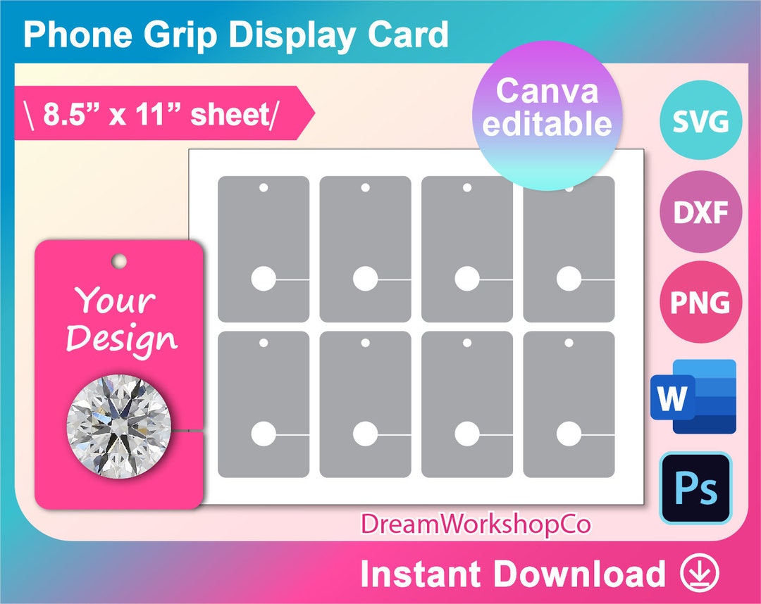 Phone Grip Display Card, Phone Grip Card Template, SVG, DXF, Ms Word ...