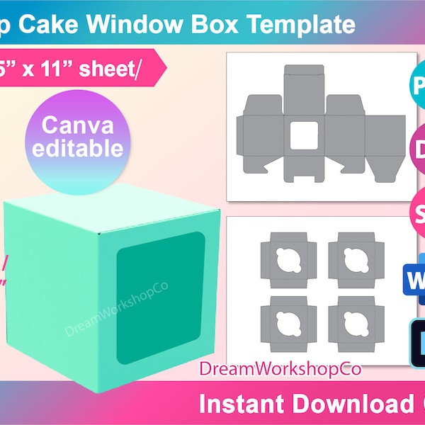 CupCake Gift Box, Cake Box avec insert, Cake Box Template, Canva, Ms word, PSD, PNG, SVG, Dxf, feuille 8.5x11, imprimable, téléchargement instantané