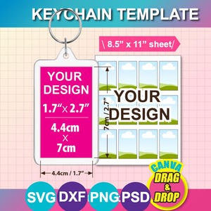 Puede incluir: Una plantilla de llavero con un área de diseño rectangular de 4,4 cm x 7 cm (1,7" x 2,7"). La imagen incluye un diseño de hoja para imprimir múltiples llaveros en una hoja A4. El área de diseño está etiquetada como "YOUR DESIGN".