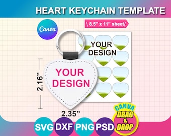 Heart Keychain Template, Sublimation Template, SVG, DXF, Canva, Ms Word Docx, Png, Psd, 8.5"x11" sheet