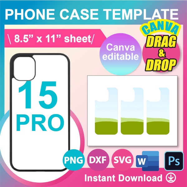 Phone Case 15 Pro Template, Phone Case Template for sublimation, SVG, DXF, Ms Word docx, Png, PSD, 8.5" x 11" sheet, Printable