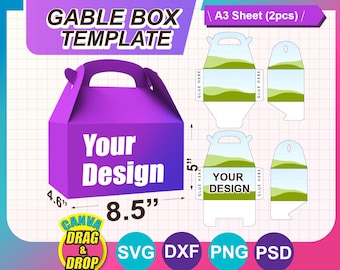Large Gable Box Template, Box with Handle Template, Gift Box SVG, DXF, Ms Word Docx, Png, Psd, A3 sheet, Printable