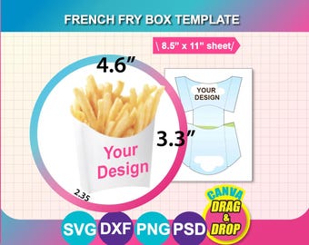 French Fry Box Template, SVG, DXF, Ms Word Docx, Png, Psd, 8.5"x11" sheet, Printable