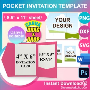 Pocketfold template, 4"x 6" Pocket Wedding Invitation Template, Wedding Invitation with Envelope Template, Canva, Ms word, PSD, PNG, SVG,