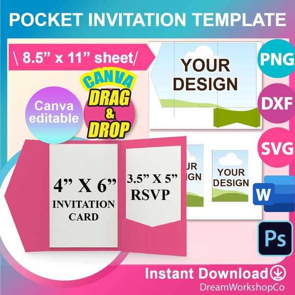 Pocketfold Vorlage, 10x15 cm Tasche Hochzeitseinladung Vorlage, Hochzeitseinladung mit Umschlag Vorlage, Canva, Ms word, PSD, PNG, SVG,