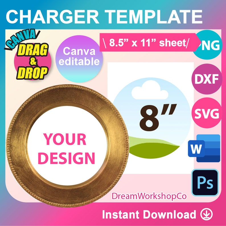 Puede incluir: Una plantilla digital para un plato de carga de 20,3 cm. La plantilla est&aacute; dise&ntilde;ada para ser utilizada con Canva e incluye un plato de carga dorado con el texto "YOUR DESIGN" en rosa. La plantilla est&aacute; disponible en varios formatos de archivo, incluidos PNG, DXF, SVG y PSD.