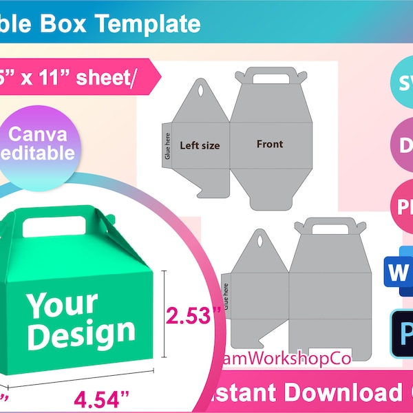 Gable Box Template, Candy Box, Cake Slice Box, Cake Box, Wedding Favor Box, SVG, DXF, Ms Word Docx, Png, Psd, 8.5"x11" sheet, Printable