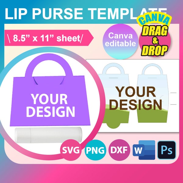 Lip balm Purse Template, Lip Balm Box Template, SVG, DXF, Canva, DOCX, Png, Psd,  8.5x11" sheet, Printable, Instant Download