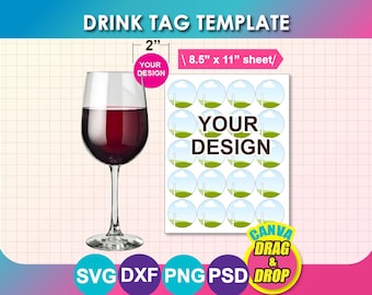 Party Drink Tag, Wine Glass Tag Template, wine name tag, (svg, dxf, png, psd, Canva), Printable (8.5"x11" sheet)