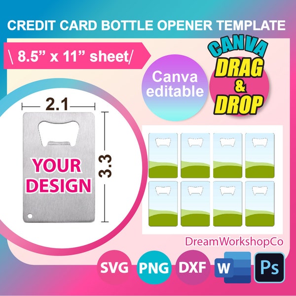 Credit Card Bottle Opener Template, Sublimation Template, Bottle Opener Sublimation Template, Ms word, PSD, PNG, SVG, Dxf, 8.5x11" sheet,