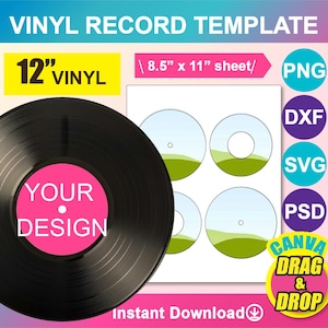 12” Vinyl record label Template, Canva, Ms word, PSD, Png, SVG, Dxf, 8.5x11&quot; sheet, Printable, Instant Download