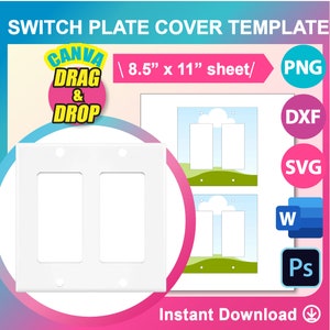 Puede incluir: Plantilla de cubierta de placa de interruptor blanca con dos aberturas rectangulares. La imagen incluye el texto "CANVA DRAG & DROP" y "8,5" x 11" hoja/ PNG". También incluye iconos DXF, SVG, W y Ps. También están presentes las palabras "Descarga instantánea".