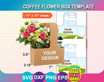 Flower Box Template, Drink Carrier Template,  Coffee Gift Box Template, Coffee Cup Holder, Canva, SVG, DXF, Png, EPS, Instant Download