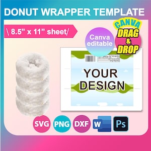 Op de afbeelding: Een printbare donut-verpakkingstemplate voor 8,5 x 11 inch papier. De sjabloon heeft een blauwe lucht met witte wolken, groene heuvels en de tekst "YOUR DESIGN". De sjabloon is bewerkbaar in Canva en kan worden gebruikt om aangepaste donut-verpakkingen te maken.