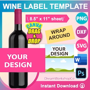 750ml Wine Bottle Label Template, Wine Label Template, Canva, SVG, DXF, Canva, Ms Word Docx, Png, PSD, 8.5&quot;x11&quot; sheet, Printable