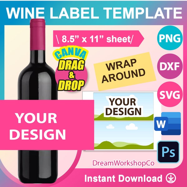750ml Wine Bottle Label Template, Wine Label Template, Canva, SVG, DXF, Canva, Ms Word Docx, Png, PSD, 8.5"x11" sheet, Printable