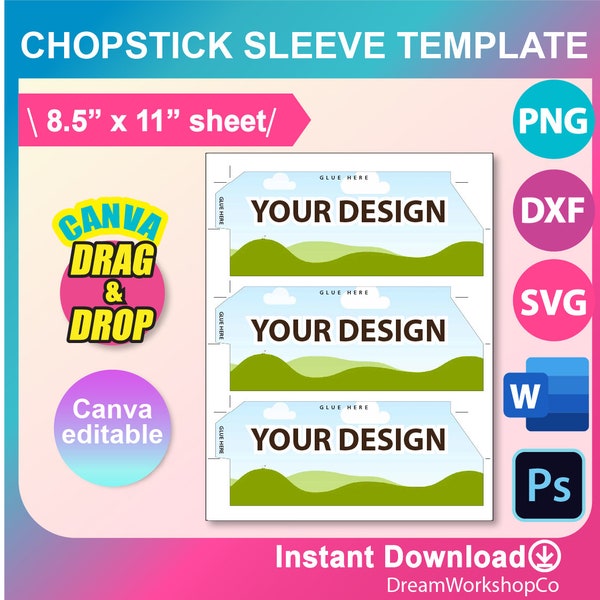 Chopsticks Sleeve Template, Canva, Chapstick Sleeve SVG, DXF, Canva, DOCX, Png, Psd, 8.5"x11" sheet