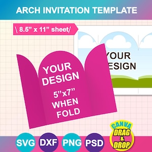 Puede incluir: Una plantilla de invitación de arco magenta con el texto "YOUR DESIGN" y "5"x7" WHEN FOLD". La plantilla incluye un diseño de muestra y el texto "ARCH INVITATION TEMPLATE". El tamaño de la hoja es de 21,6 cm x 27,9 cm. Incluye formatos de archivo SVG, DXF, PNG, PSD.
