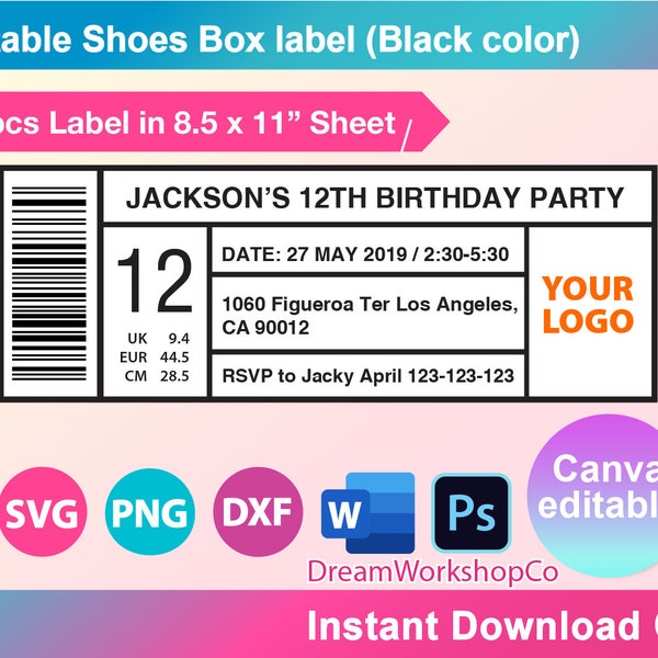 Shoe box label Template, SVG, DXF, Png, Canva, Ms Word Docx, PDF, Printable, 8.5" x 11" sheet, Instant Download