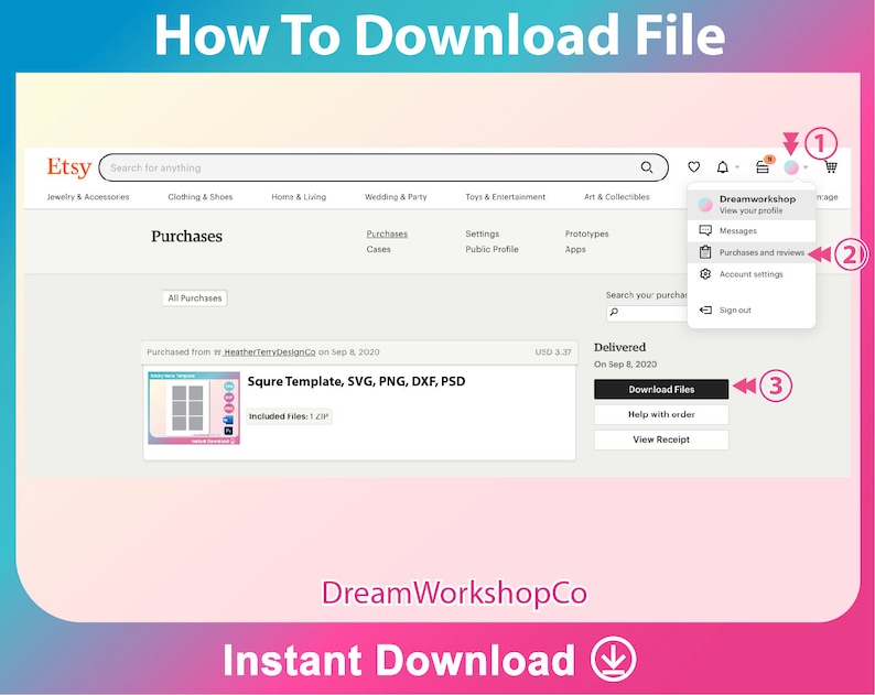 Puede incluir: Captura de pantalla de una p&aacute;gina de confirmaci&oacute;n de compra de Etsy que muestra una descarga digital de una plantilla cuadrada en formatos SVG, PNG, DXF y PSD. El bot&oacute;n de descarga est&aacute; resaltado con una flecha roja.