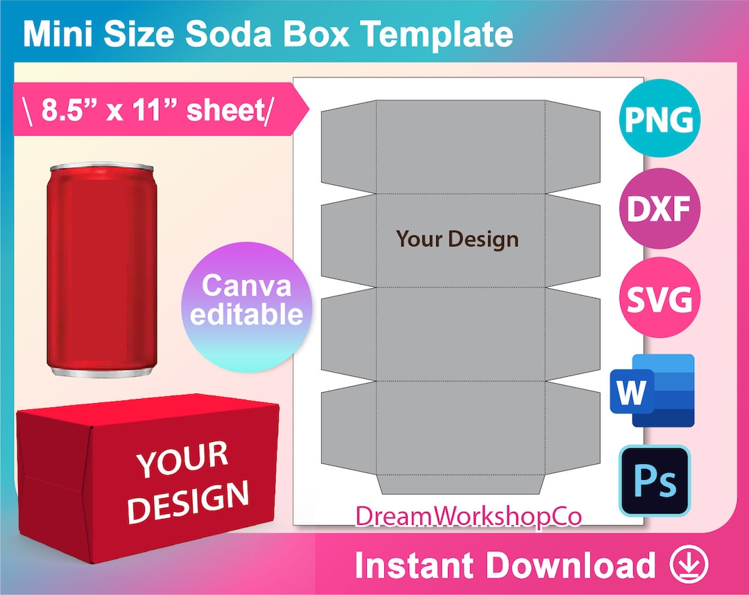 Mini Soda Can Box Template, Soda Box Template, Canva, SVG, DXF, DOCX Mini Soda Can Box Template, Soda Box Template, Canva, SVG, DXF, DOCX
