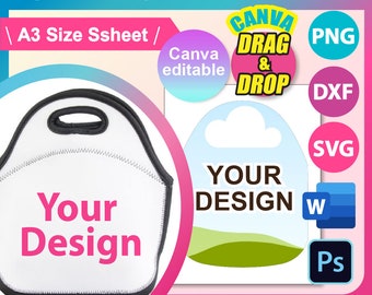 Lunch Bag Template, Sublimation Template, Canva, SVG, DXF, Ms Word Docx, Png, Psd, A3 sheet, Printable
