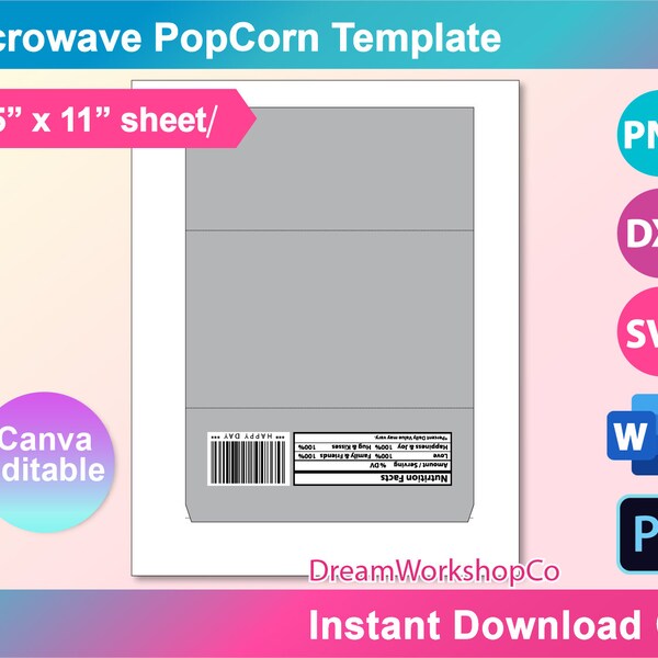 Microwave PopCorn Wrapper Template, SVG, DXF, Canva, Ms Word Docx, Png, PSD, 8.5"x11" sheet, Printable