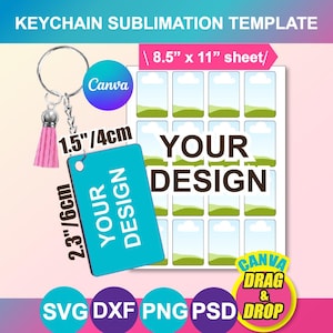 以下が含まれることがあります： 「YOUR DESIGN」と書かれたターコイズ色のタグが付いたキーチェーン昇華テンプレート。 タグのサイズは高さ6cm、幅4cmで、ピンクのタッセルが付いています。 テンプレートには、デザインスペースのあるシートが含まれています。
