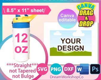 Plantilla para botella de agua infantil de 12 oz con tapa abatible: Sublimación, Canva, SVG, DXF, PSD, PNG